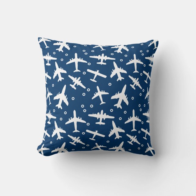 Navy Blue Aeroplane Patterned Aviation Themed Cushion (Front)