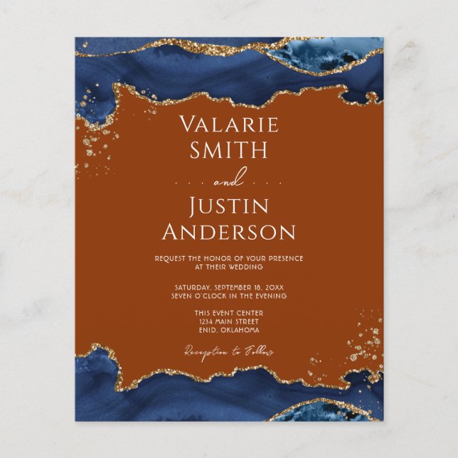 Navy Blue Agate Burnt Orange Wedding Flyer (Front)