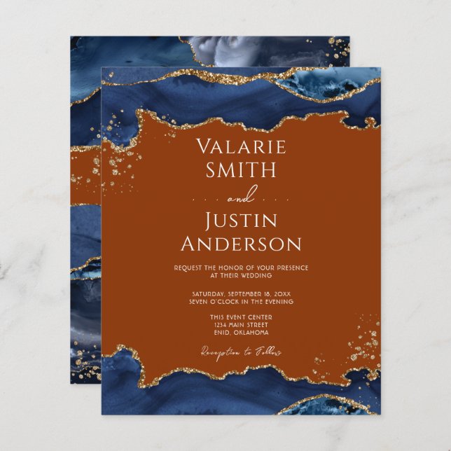 Navy Blue Agate Burnt Orange Wedding Invitation (Front/Back)