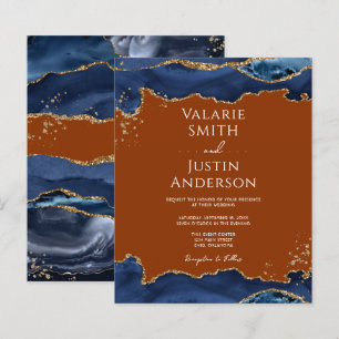 Navy Blue Agate Burnt Orange Wedding Invitation