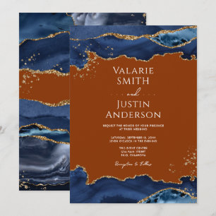 Navy Blue Agate Burnt Orange Wedding Invitation