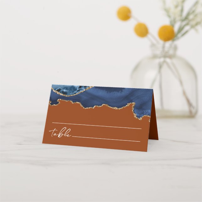 Navy Blue Agate Burnt Orange Wedding Place Card (Back)