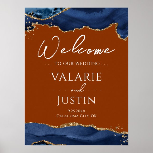 Navy Blue Agate Burnt Orange Wedding Welcome Sign (Front)