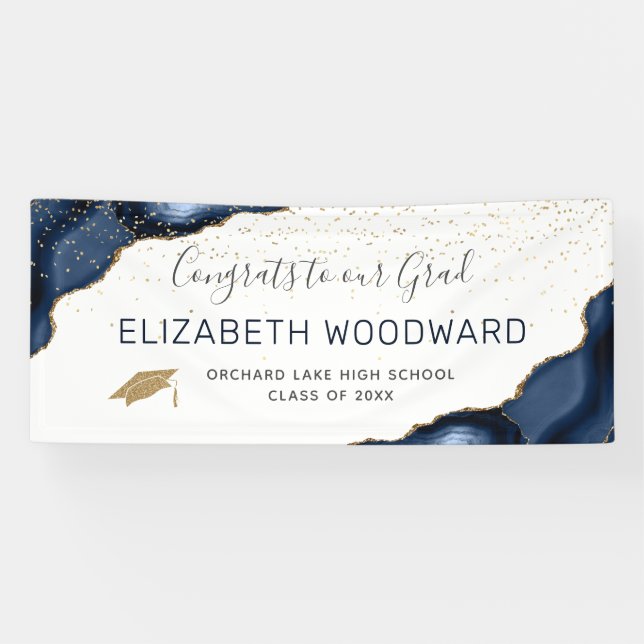 Navy Blue Agate Faux Gold Glitter Graduation Banner (Horizontal)