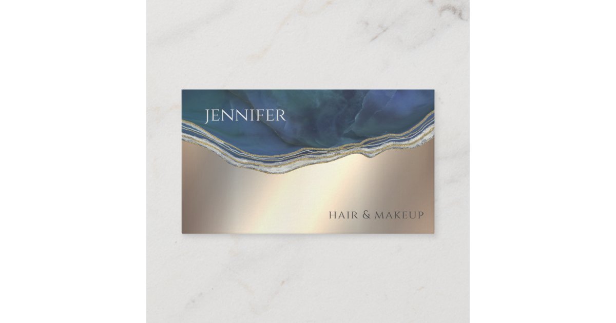 Navy blue agate geode chic gold metallic business card | Zazzle