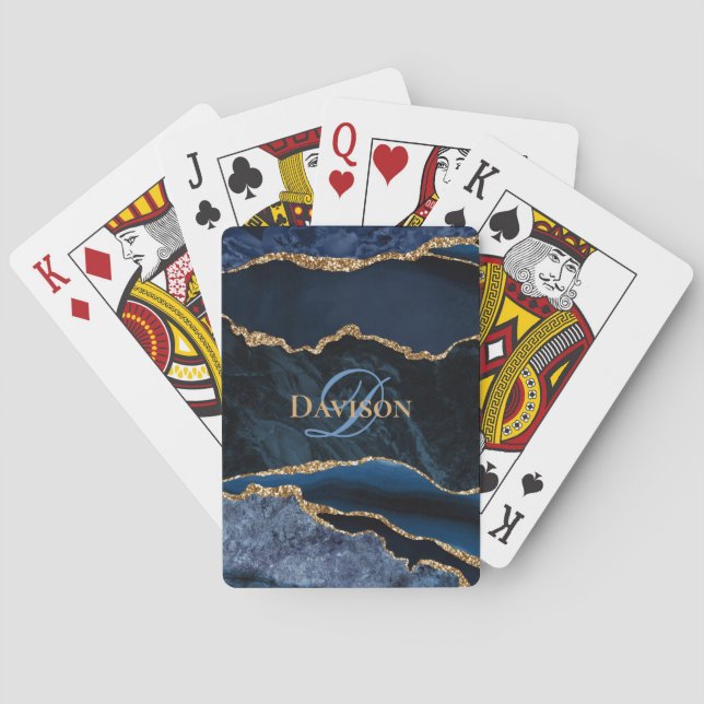 Navy Blue Agate Geode Gold Glitter Monogram Playing Cards (Back)