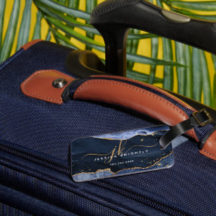 Navy Blue Agate Geode Gold Glitter Monogram Script Luggage Tag