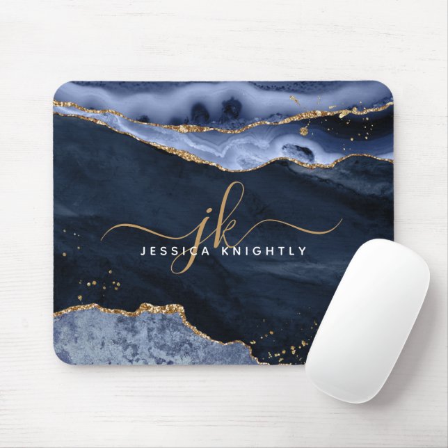 Navy Blue Agate Geode Gold Glitter Script Monogram Mouse Mat (With Mouse)