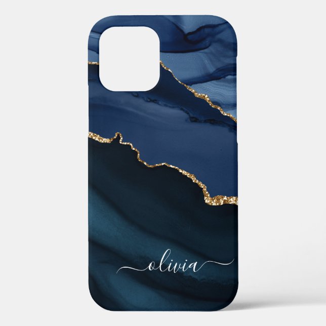 Navy Blue Agate Geode Gold Monogram Case-Mate iPho iPhone Case (Back)