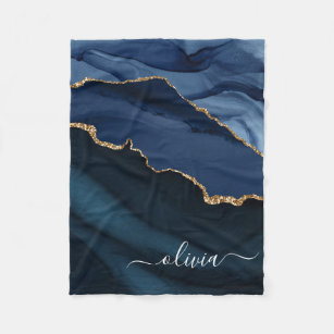 Navy Blue Agate Geode Gold Monogram Fleece Blanket
