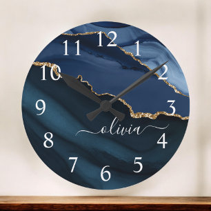 Navy Blue Agate Geode Gold Monogram Large Clock