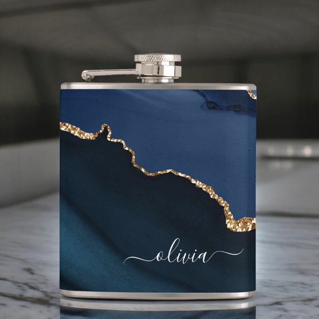 Navy Blue Agate Geode Gold Monogram Modern Hip Flask (Creator Uploaded)