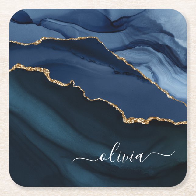 Navy Blue Agate Geode Gold Monogram Square Paper Coaster (Front)
