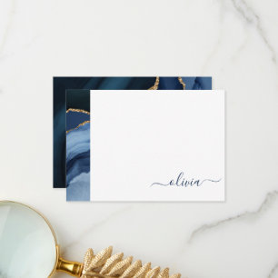Navy Blue Agate Geode Gold Monogram Thank You Card