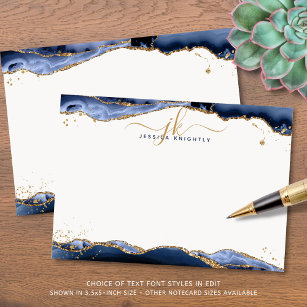 Navy Blue Agate Geode Script Monogram Gold Glitter Card