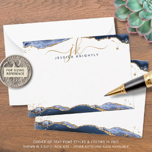Navy Blue Agate Geode Script Monogram Gold Glitter Card