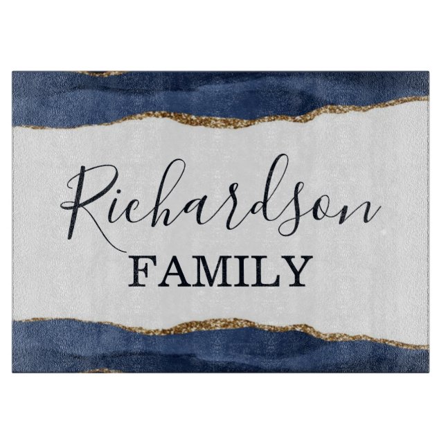 Navy Blue Agate Glitter Gold White Family Name Cutting Board (Front)