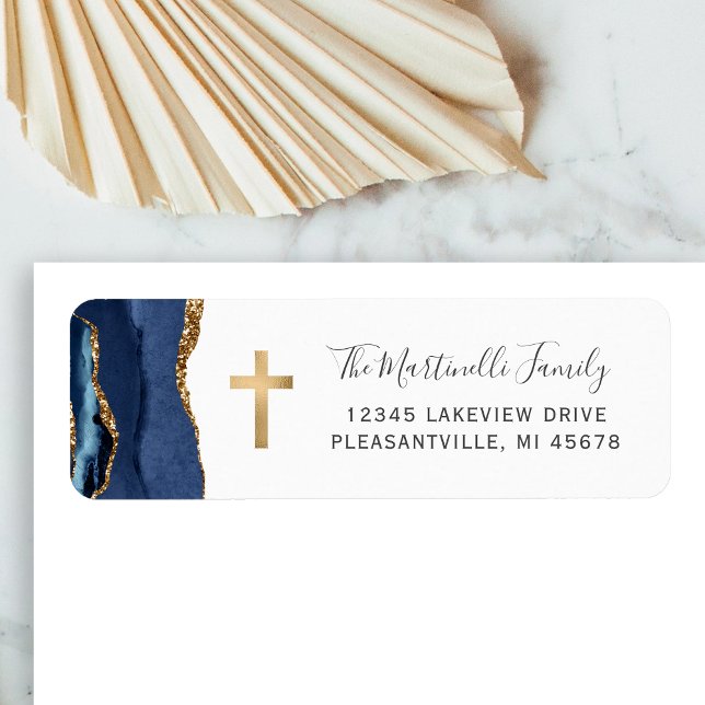 Navy Blue Agate Gold Cross Return Address (Creator Uploaded)