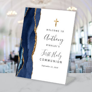 Navy Blue Agate Gold First Holy Communion Welcome Pedestal Sign