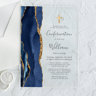 Navy Blue Agate Gold Glitter Confirmation Acrylic Invitations