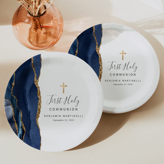 Navy Blue Agate Gold Glitter First Holy Communion Paper Plate (Creator Uploaded)