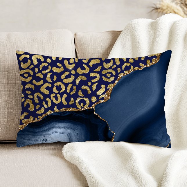 Navy Blue Agate Gold Glitter Leopard Spots Decorative Cushion (Creator Uploaded)