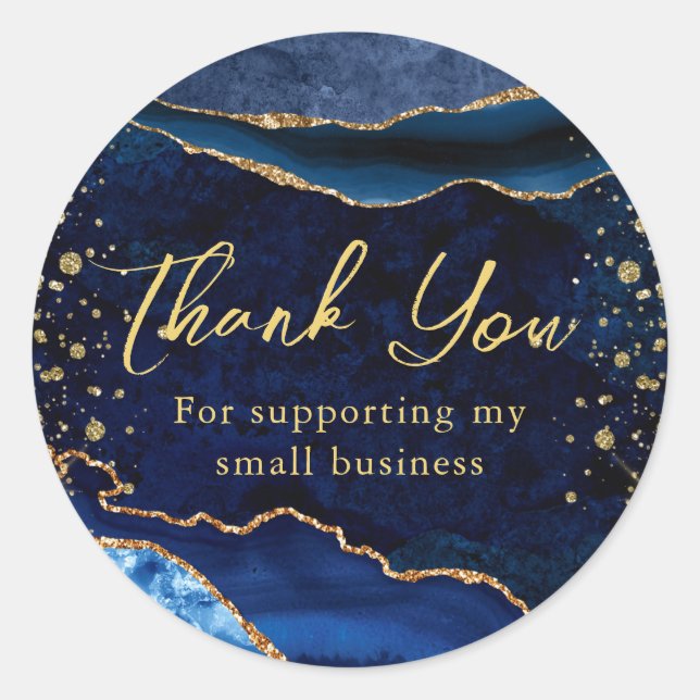 Navy Blue Agate Gold Glitter Small Business Classic Round Sticker (Front)