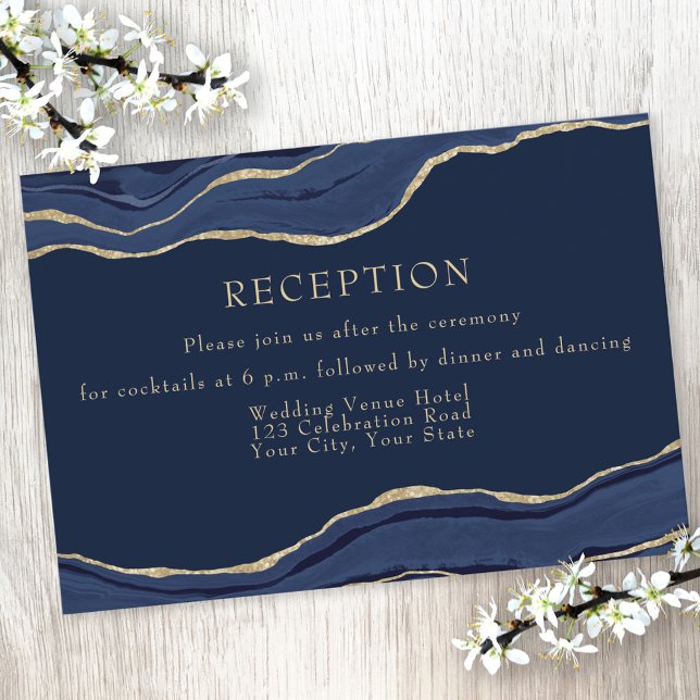 Navy Blue Agate Gold Glitter Wedding Reception Enclosure Card (Creator Uploaded)