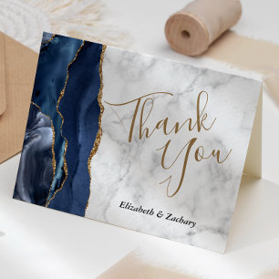 Navy Blue Agate Gold Grey Marble Wedding Thank You Card