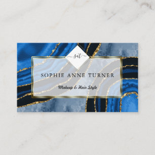Navy Blue Agate Gold Initials Logo Makeup Artist Business Card