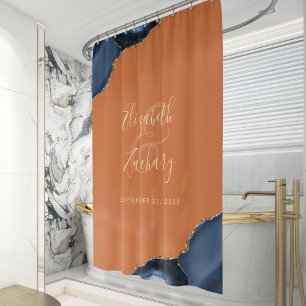 Navy Blue Agate Gold Rust Personalised Wedding Shower Curtain