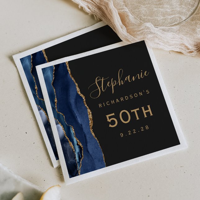 Navy Blue Agate Gold Script Dark 50th Birthday Napkin (Creator Uploaded)