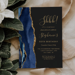 Navy Blue Agate Gold Surprise 50th Birthday Party Invitation