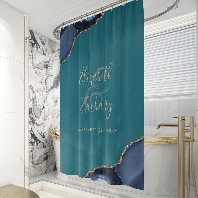 Navy Blue Agate Gold Teal Personalised Wedding Shower Curtain (Creator Uploaded)