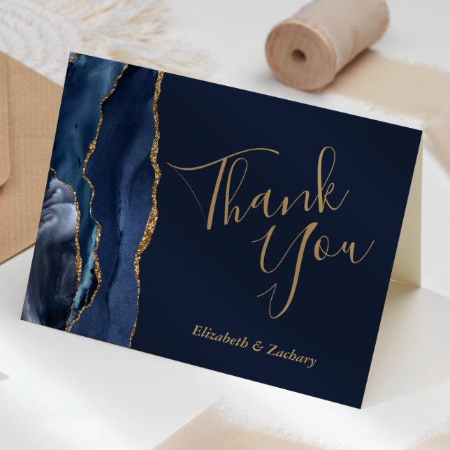 Navy Blue Agate Gold Wedding Thank You Card (Creator Uploaded)
