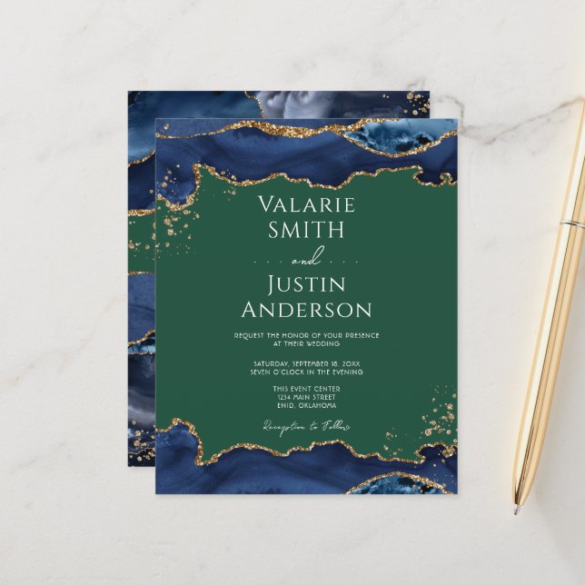Navy Blue Agate Green Wedding Invitation (Front/Back In Situ)