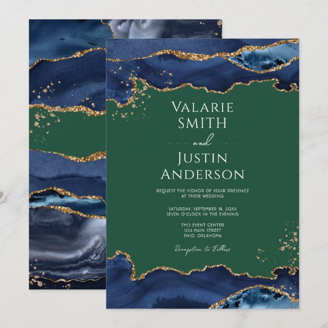 Navy Blue Agate Green Wedding Invitation (Front/Back)