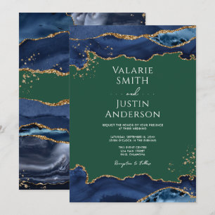 Navy Blue Agate Green Wedding Invitation