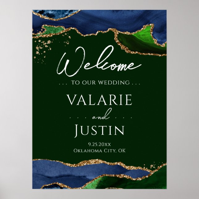 Navy Blue Agate Green Wedding Welcome Sign (Front)