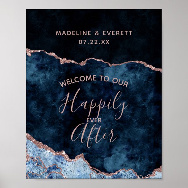 Navy Blue Agate Happily ever After Welcome Sign (Front)