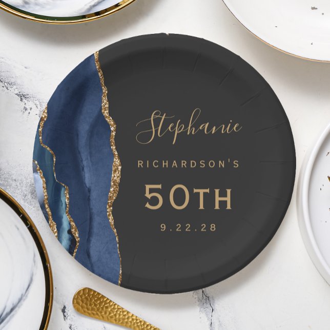 Navy Blue Agate Marble Gold Dark 50th Birthday Paper Plate (Creator Uploaded)