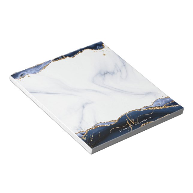 Navy Blue Agate Marble Gold Glitter Monogram Notepad (Angled)