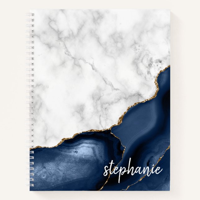 Navy Blue Agate Marble Gold Monogram Notebook (Front)