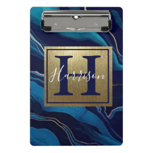 Navy Blue Agate Marble Gold Name and Monogram Cli Mini Clipboard