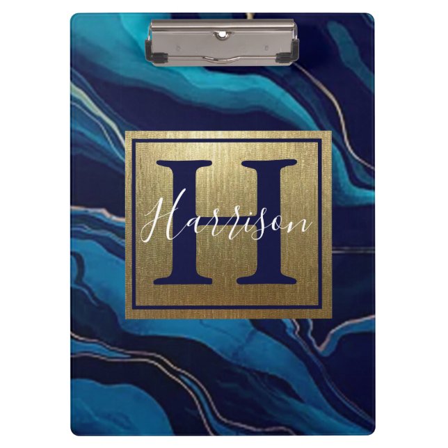 Navy Blue Agate Marble Gold Name and Monogram  Clipboard (Front)