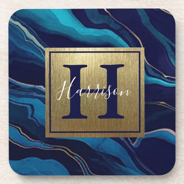 Navy Blue Agate Marble Gold Name and Monogram  Coaster (Front)
