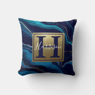 Navy Blue Agate Marble Gold Name and Monogram  Cushion