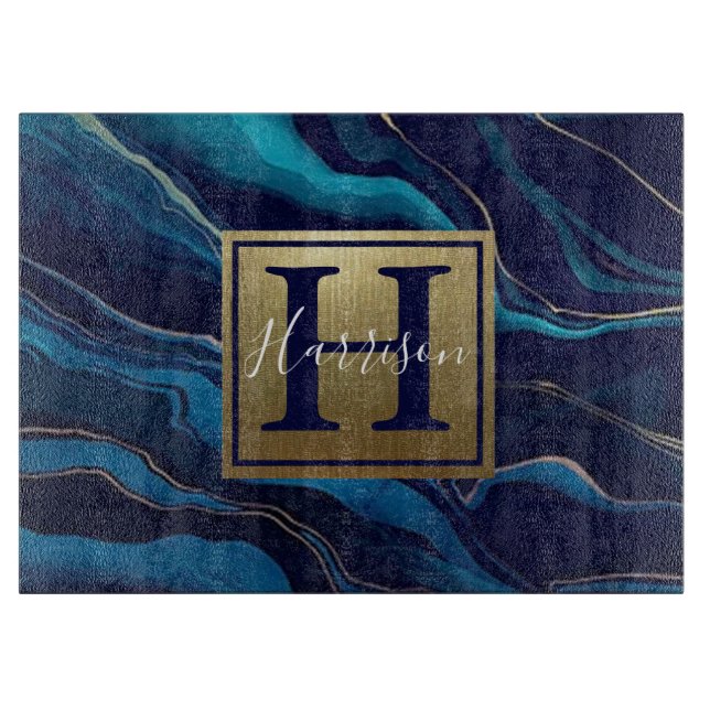 Navy Blue Agate Marble Gold Name and Monogram Cutting Board (Front)