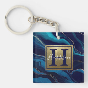 Navy Blue Agate Marble Gold Name and Monogram  Key Ring