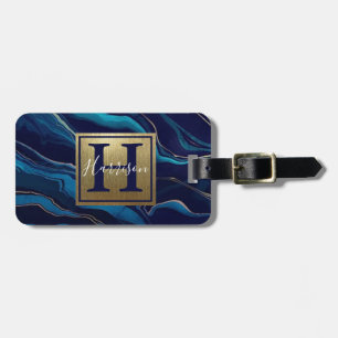 Navy Blue Agate Marble Gold Name and Monogram  Luggage Tag